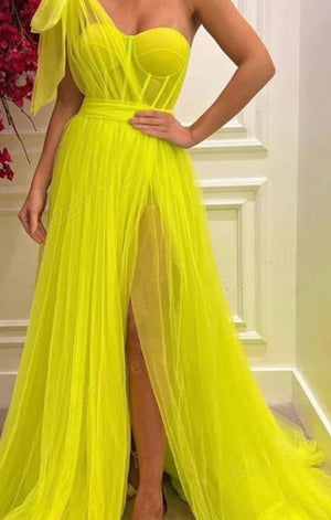 Sweetheart Long Pleated Tulle Evening Dresses One Shoulder Elegant (2 Colors)