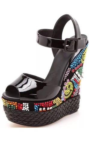 Ladies Black Patent Leather Wedge Sandals Multi-color Crystal Embellished  Multicolored Stones