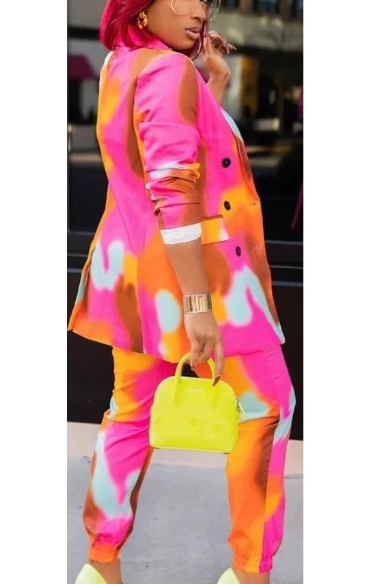 Multicolored Blazer &  Belted Pants Set (2 Colors)