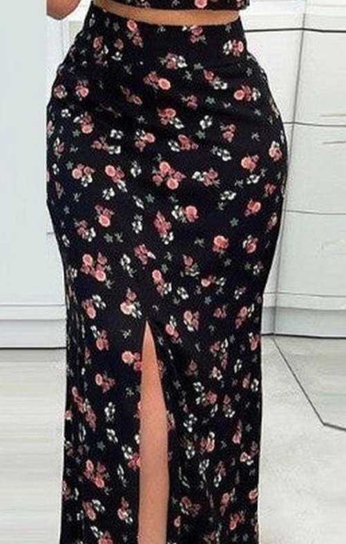 Daisy Floral Print Crop Cami Top & Split Thigh Skirt Set