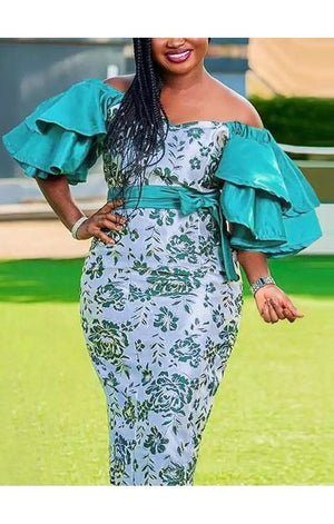 Green African Print Puff Sleeve Dress (Many Sizes) Plus Size Available