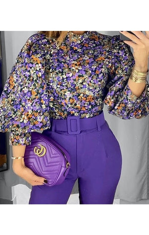 Purple multicolored Lantern sleeve Top
