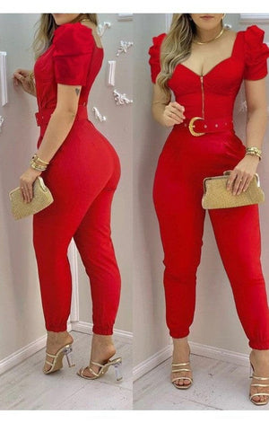 Zip Front Puff Sleeve Jumpsuit With Belt (2 colors)