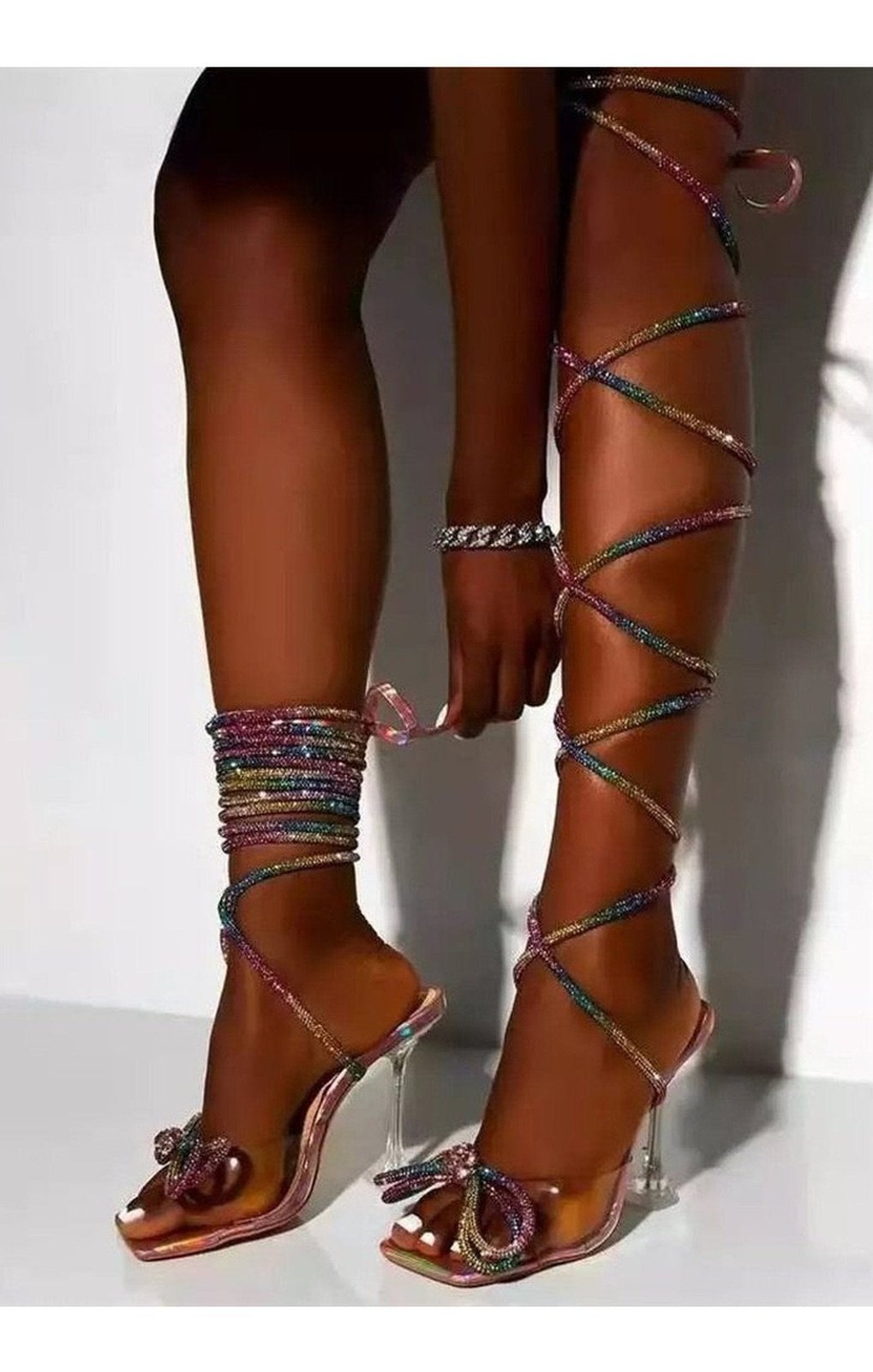 Bling lace up bow sandals heels (3 Colors)
