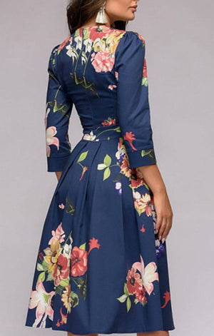 Floral Pleated Skirt Floral Tea Length Dress