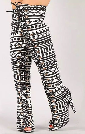 Print Knee High Boots  Lace-up Open Toe  Pointed Toe  (2 Colors)