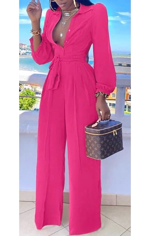 Wide Leg collar Long Sleeve Jumpsuit With Belt (Many Colors)