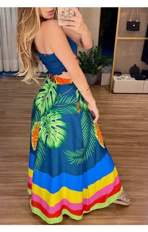 Tropical Print Halter Crop Top & High Slit Skirt Set