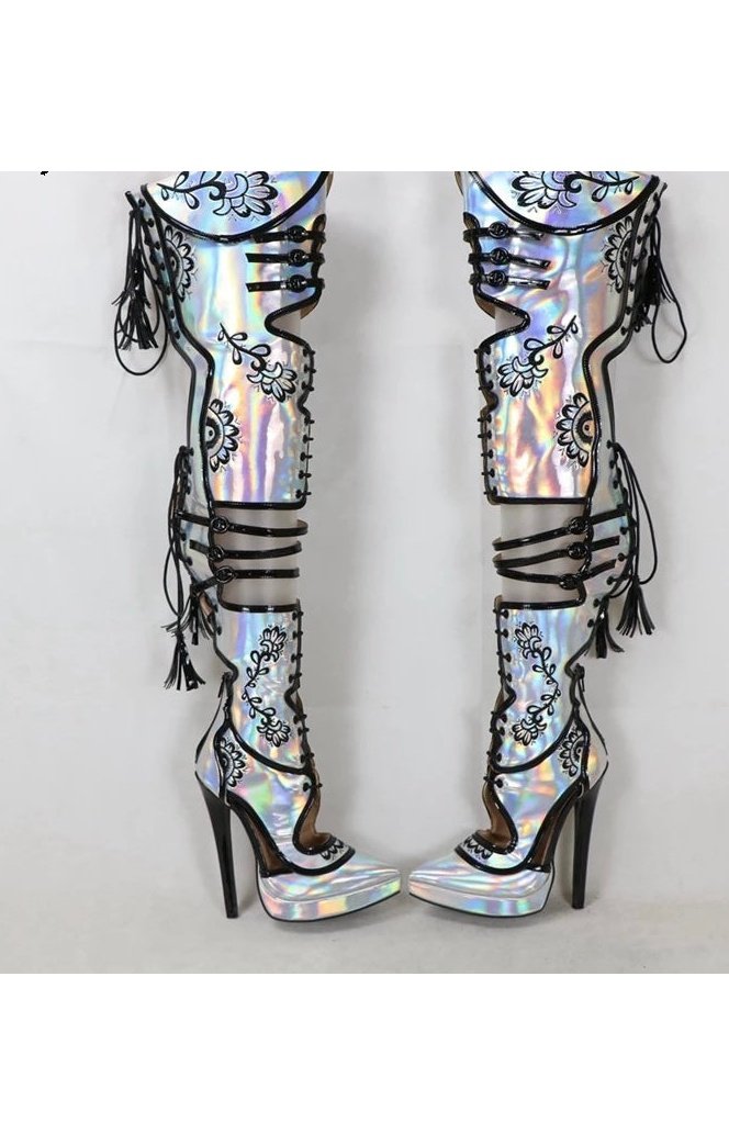 Over the Knee Leather Lace up pointed Heel Boots Print
