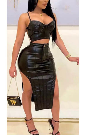 Black PU Leather Top & Matching Skirt Set