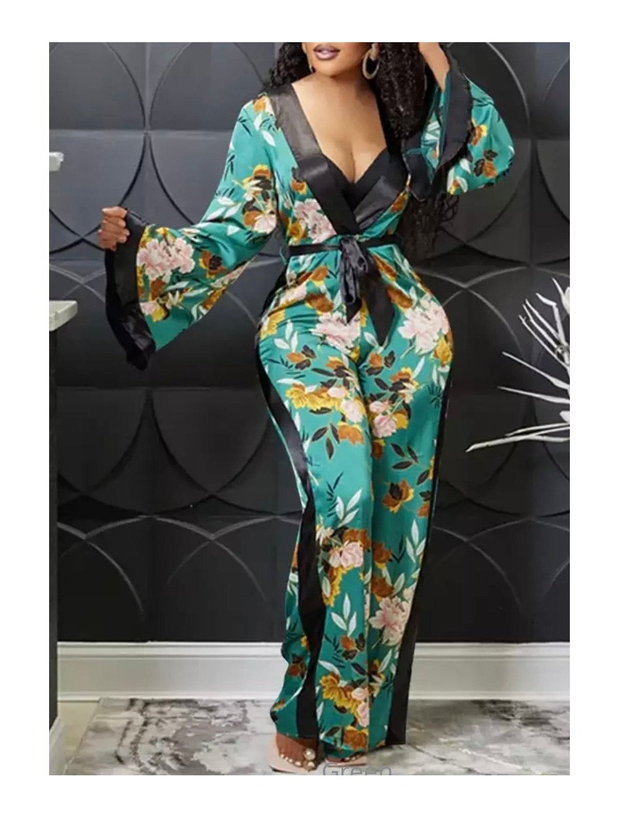 Floral Print belt Long Sleeve Jumpsuit (2 Colors)