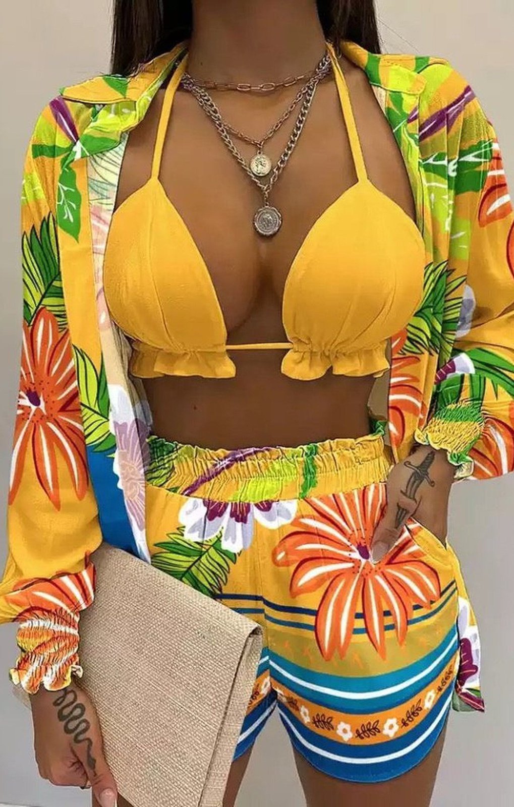 3 piece Short Set Bikini suit top matching ( Many Colors)