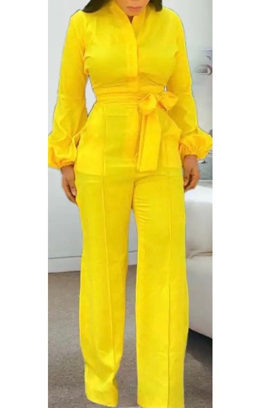 Yellow Long Sleeve pants Belted Jumpsuit