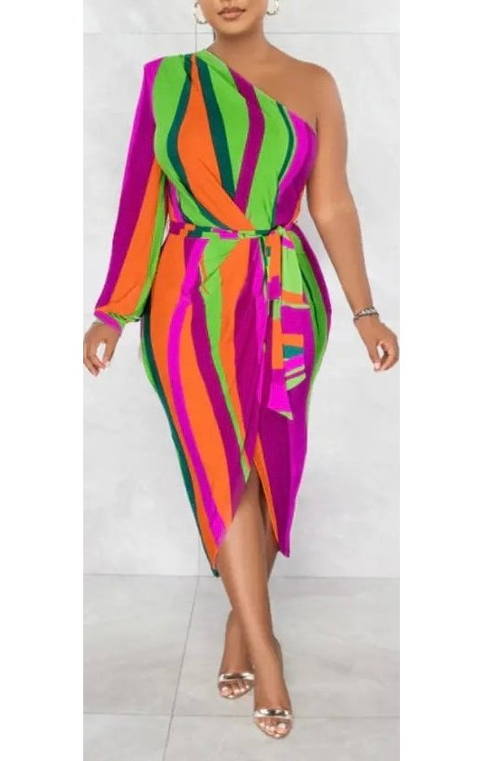 Multicolored One shoulder long sleeve Dress (3 Colors)