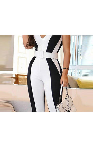 Sexy Jumpsuit Black And White Contrast Color Slim Fit Jumpsuit Women Without Belt