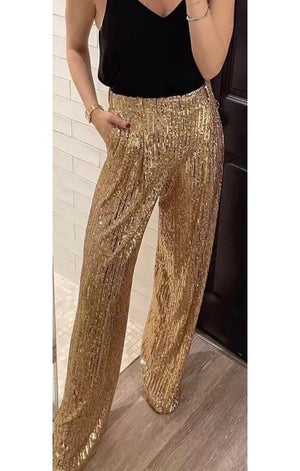 Golden Sequined Casual Loose Long Trousers Women