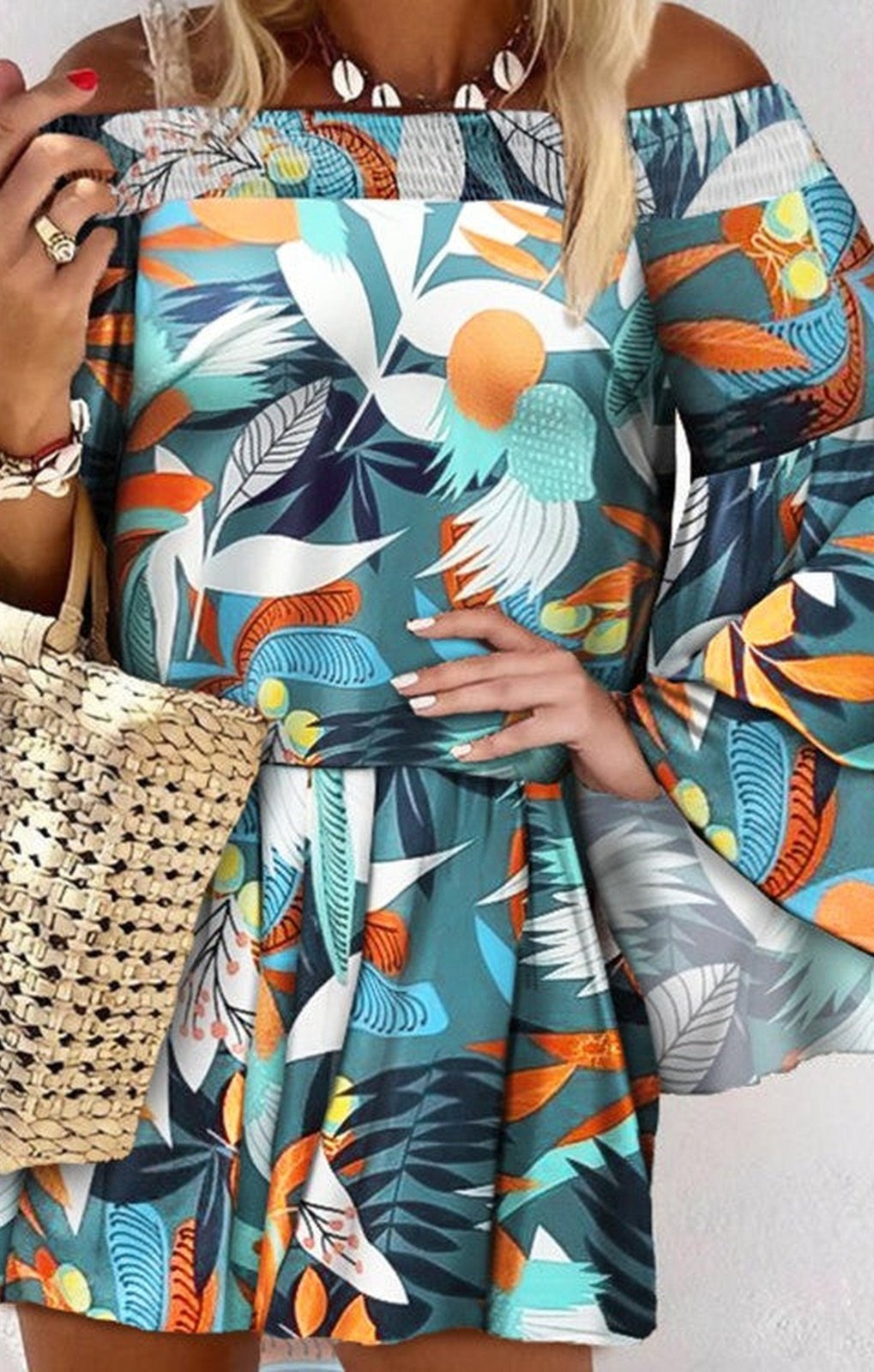 Off Shoulder Shirred Bell Sleeve Tropical Print Dress
