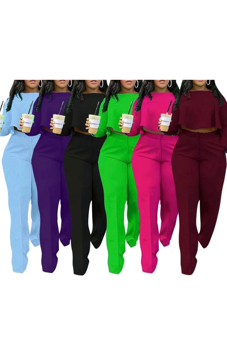 Long Sleeve Crop Top &  Pants Set (Many Colors)