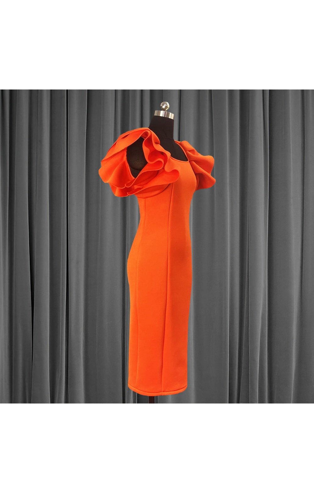 Orange Ruffle Shoulder  Elegant Dress