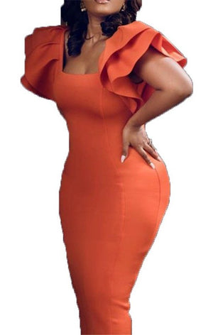 Orange Ruffle Shoulder  Elegant Dress