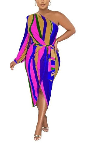 Multicolored One shoulder long sleeve Dress (3 Colors)