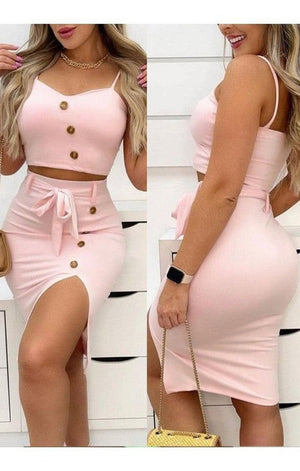 (2 Colors)Button Decor Crop Cami Top & Floral Print Split Skirt Set