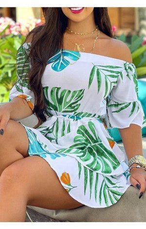 Off Shoulder Palm Leaf Print Casual Dress (2 colors)