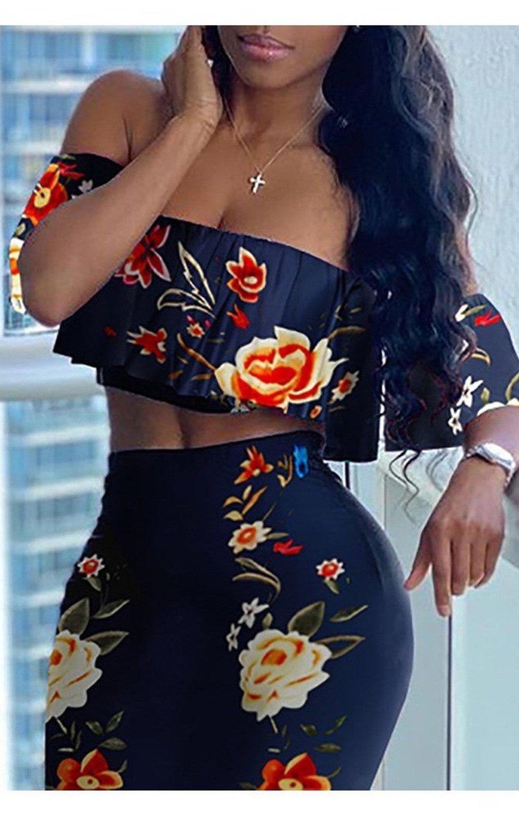 Floral Print Ruffles Off Shoulder Top & Skirt Set