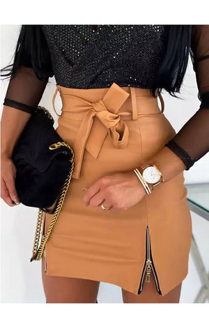 PU Leather Women Skirt Bow Zipper Bottoms  (3 Colors)