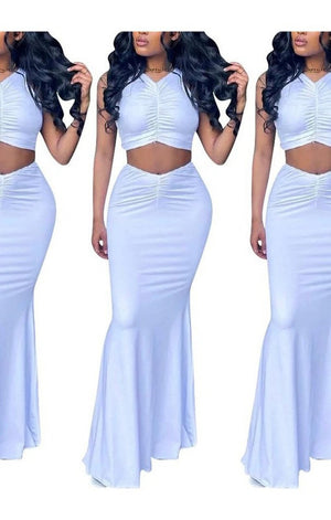 White Crop Top Long Skirts Two Piece Set
