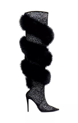 Lace Black Fur Thigh High Boots Sexy Pointed Toe Stiltto Heels Over The Knee