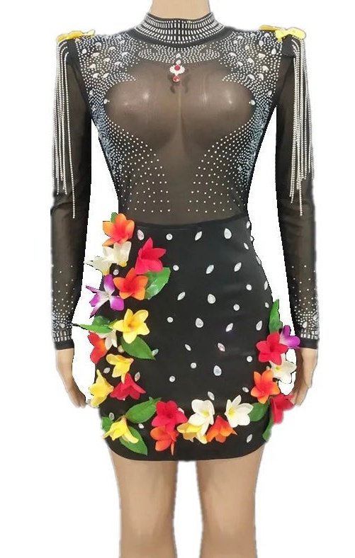 Black Sequin  Long Sleeve Transparent Multicolored Floral Stones Party Dress