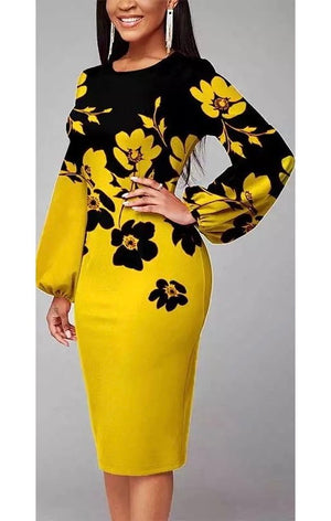 Floral Print Puff  Long Sleeve MIDI Dress (Many Sizes (3  Colors)