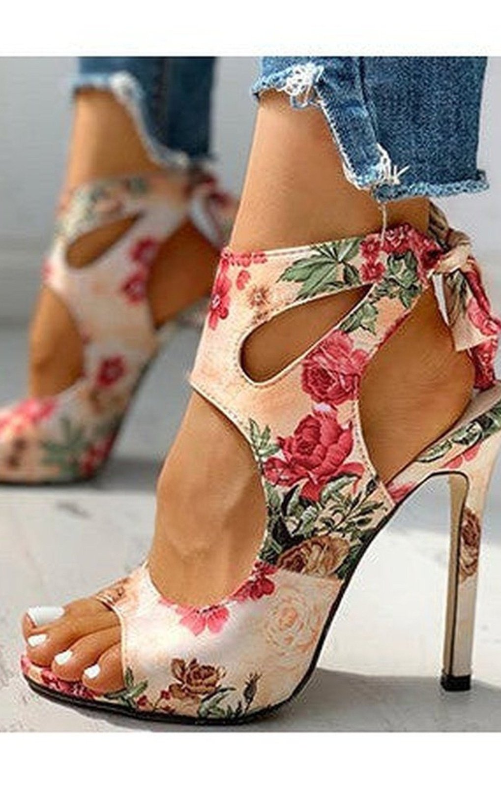 Women's Floral Print Cut Out Stiletto Heels Sandals