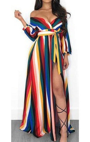 Off The Shoulder Striped Maxi Dress - Long Sleeve (S-3XL)