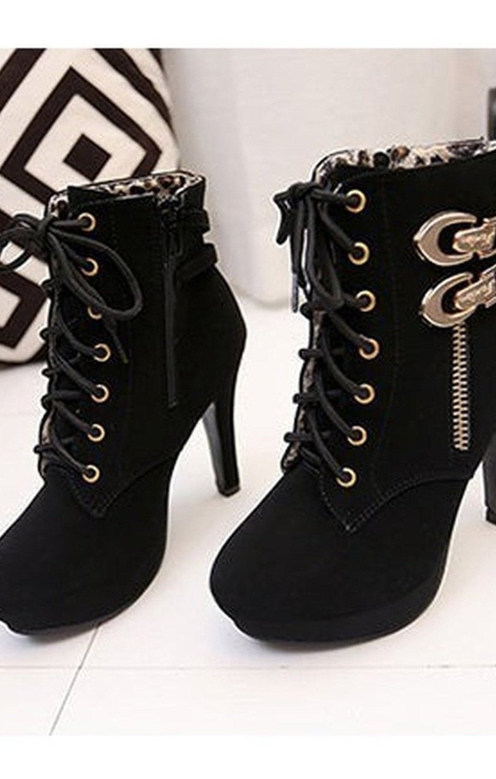 Stiletto Lace Up Booties in Engineered Suede