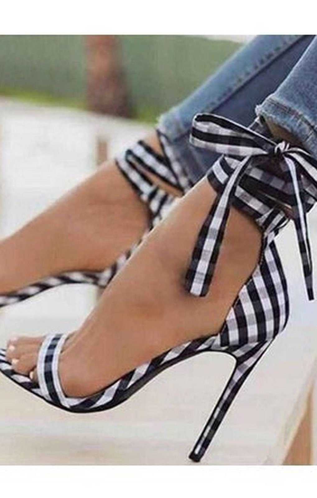 Women's Checked Heels - Open Toes / Ankle Ties sandals