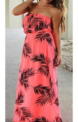 Women's Strapless Maxi Dress - Coral with Tropical Print