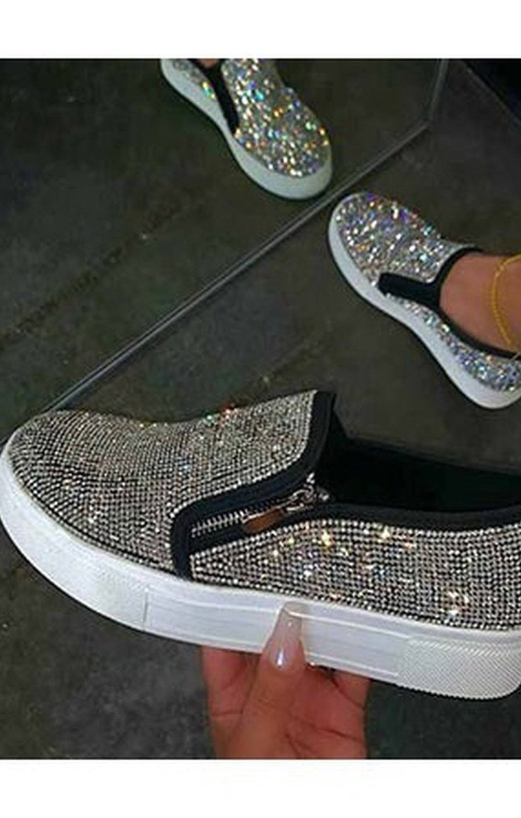 Zipper Side Low Top Deck Shoes Encrusted with Gemstones ( 3 COLORS)