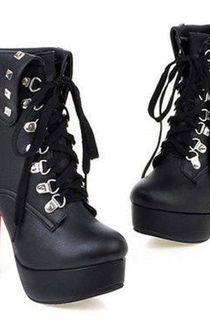 Platform Heeled Boots - Metal Stud Embellished / Turn Down