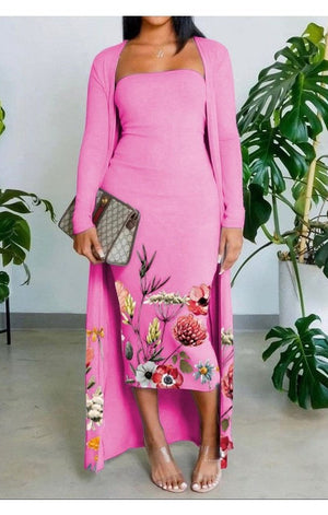 Floral Print Skinny Tube Dress With Longline Cardigan Set