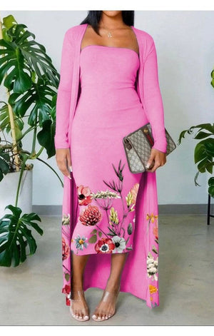 Floral Print Skinny Tube Dress With Longline Cardigan Set