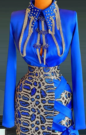Luxury Royal Blue Leopard Satin Beads Stones(Many Sizes) 2 Piece Skirt Set