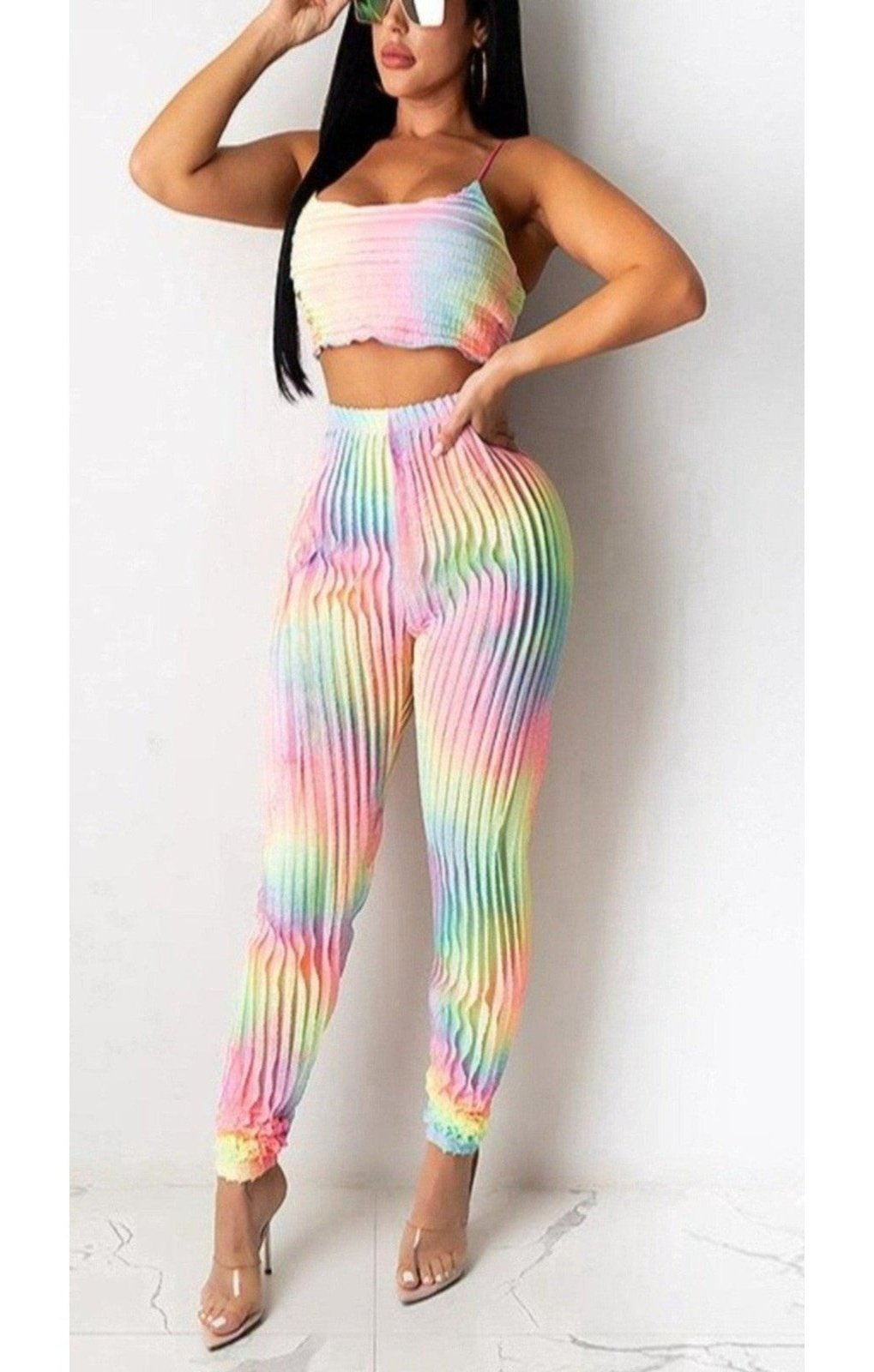 Women Fashion Tie-dye Cropped Camis And Pants Pleated Two Piece Set