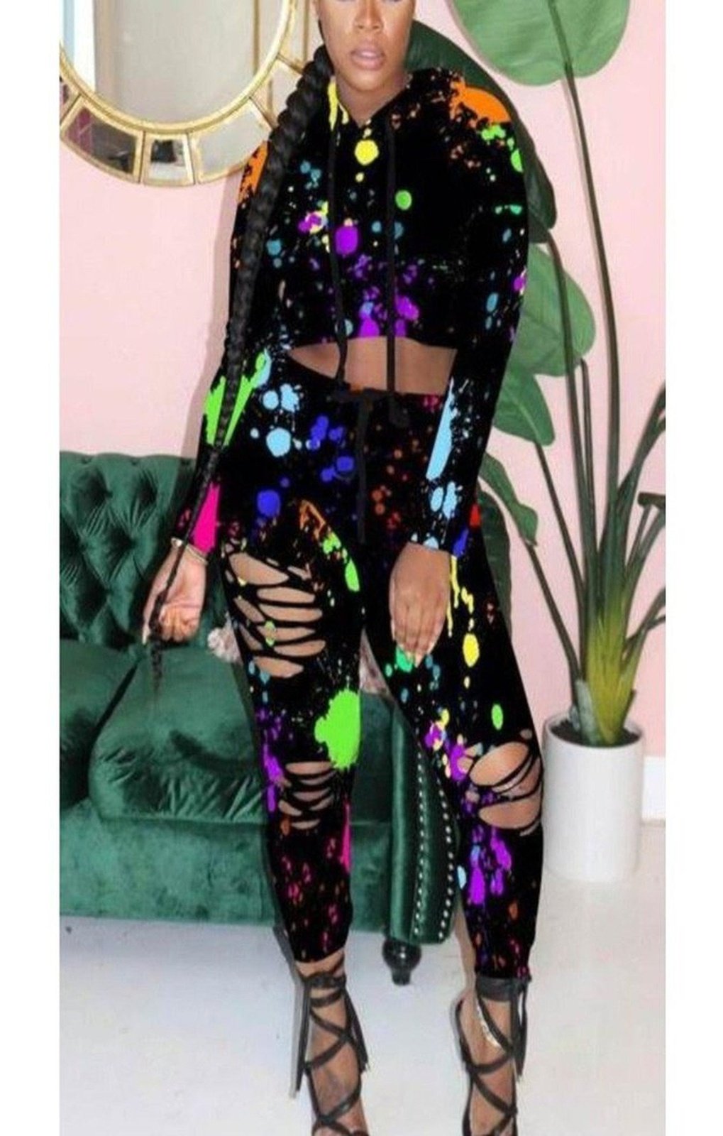 Women Fashion Graffiti Printing Hoodie And Ripped Pants Two Pieces Set