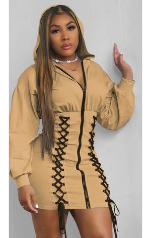 Hooded lace-up V Neck Party Dress (Many Colors)