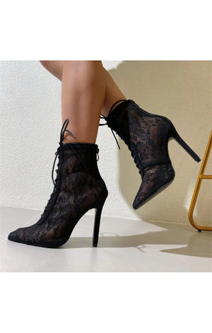 Black Mesh Ankle Boots Sexy Pointed Toe Stiletto Heels Shoes Women