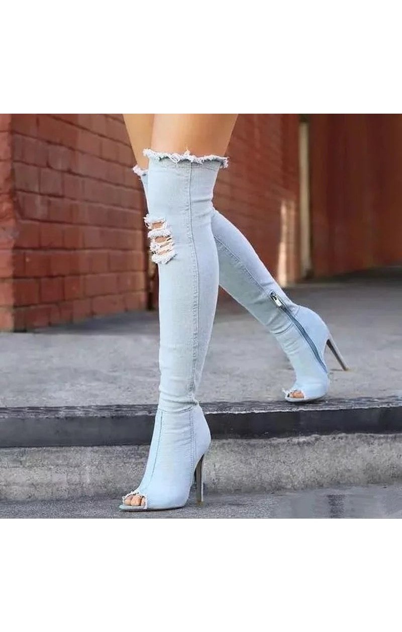 Jean Heels Over The Knee Open Tie Distressed Shoes Women (Many Colors)