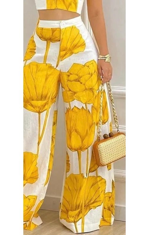 Yellow Floral Print Top & Wide Leg Pants Set