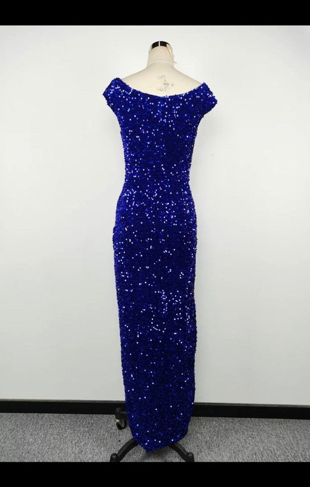 Blue Allover Sequin Off Shoulder High Slit Party Dress